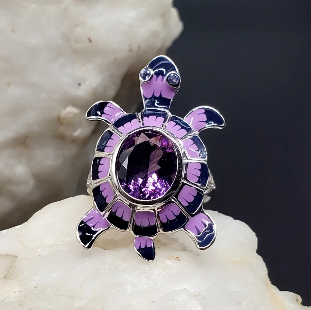 Solid Sterling Silver 925 Large Genuine Amethyst Gemstone Turtle Jewelry